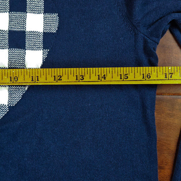 J. Crew Navy and White Checkered Knit Heart Teddie Sweater Women's Medium - Picture 4 of 7